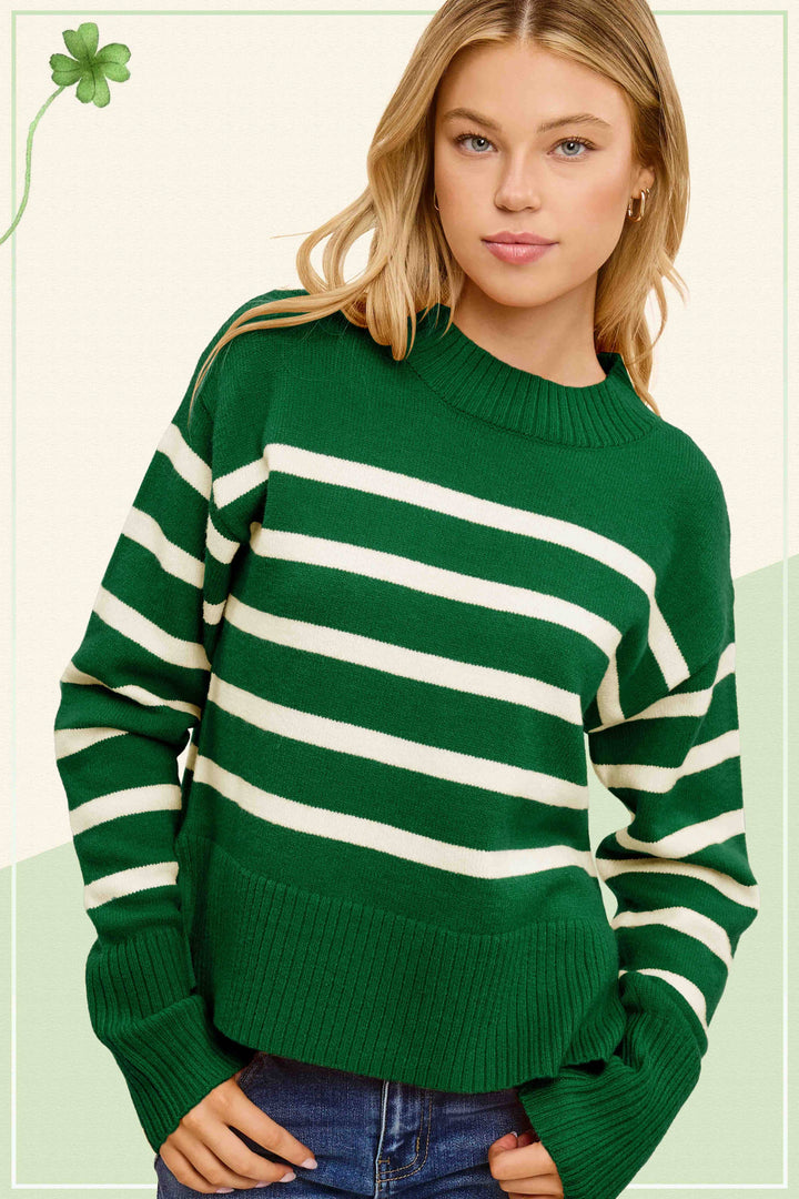 JCS3592-Striped Mock Neck Dolman Sleeve Sweater Fall