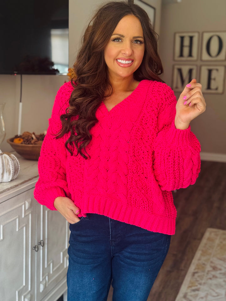 Fuchsia Chenille V-Neck Sweater