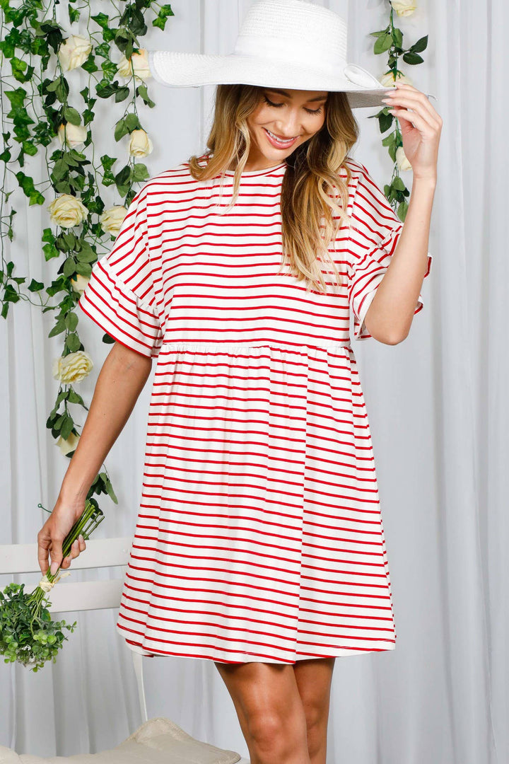 Striped Round Neck Baby Doll Cotton Dress-Red Stripe