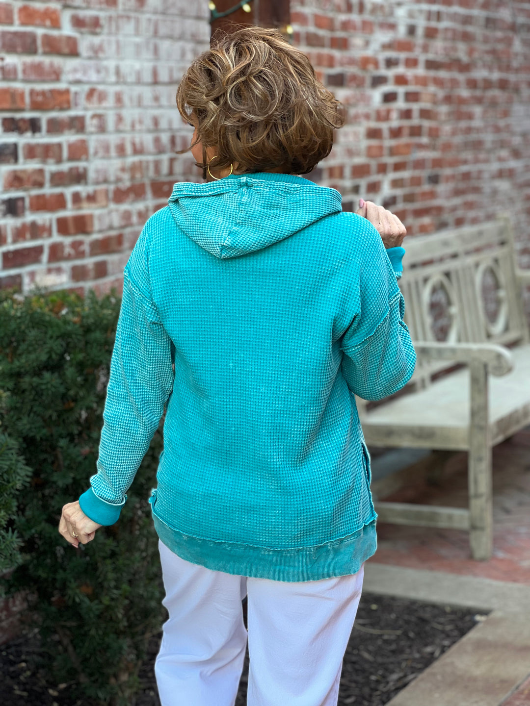 Washed Waffle 3 Button Neckline Hooded Top - 2 Color Options