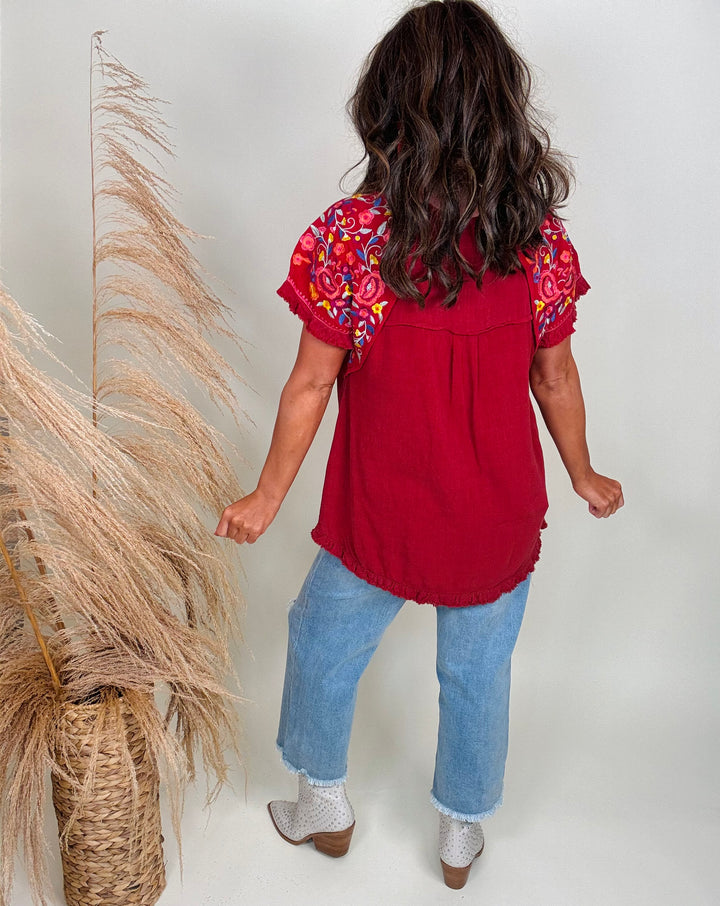 Embroidery Round Neck Short Sleeve Linen Top with Frayed Ruffle Trim - 2 Color Options - Small Through Extended Sizes - Final Sale