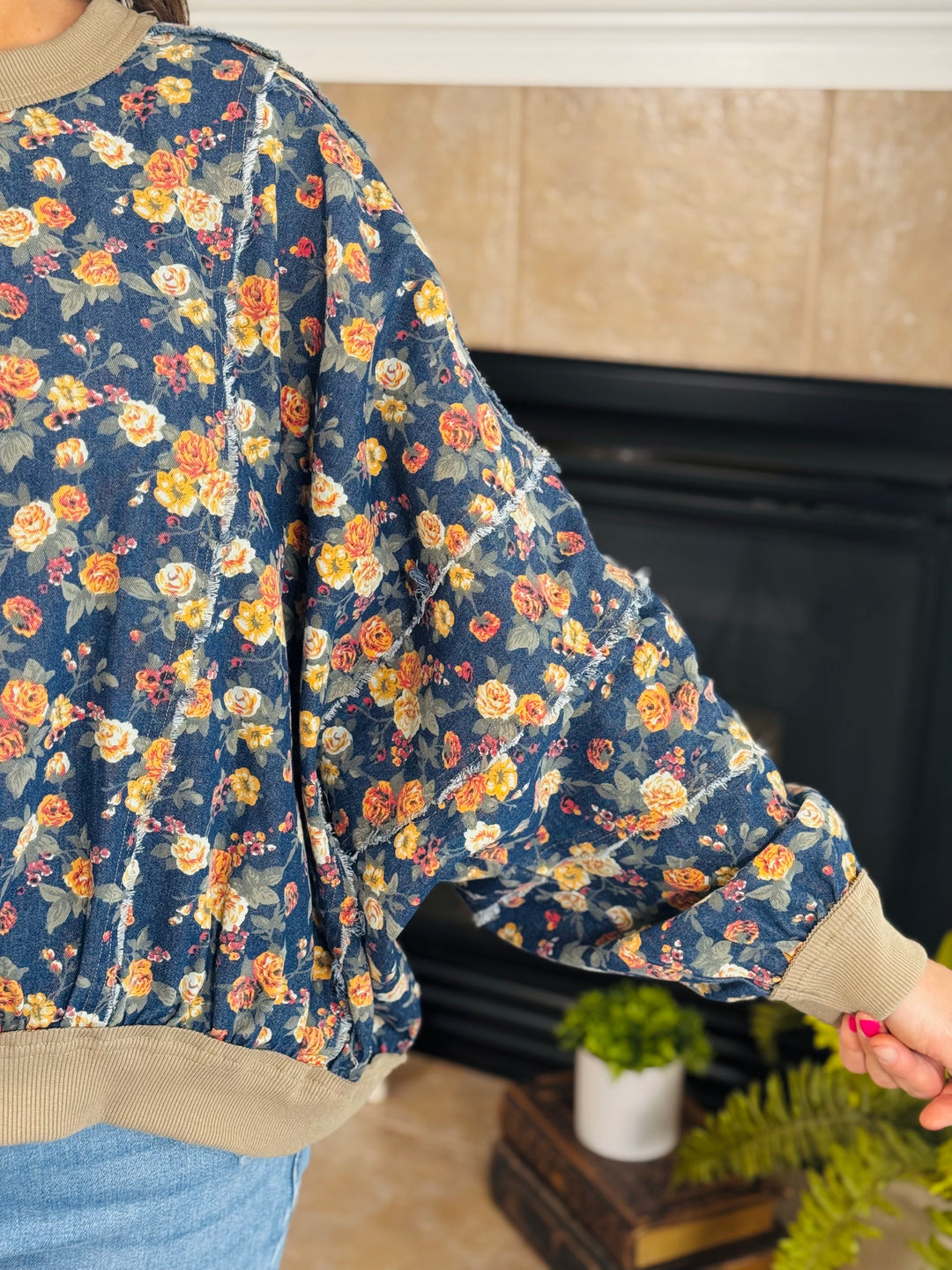 Washed Floral Denim Sweatshirt