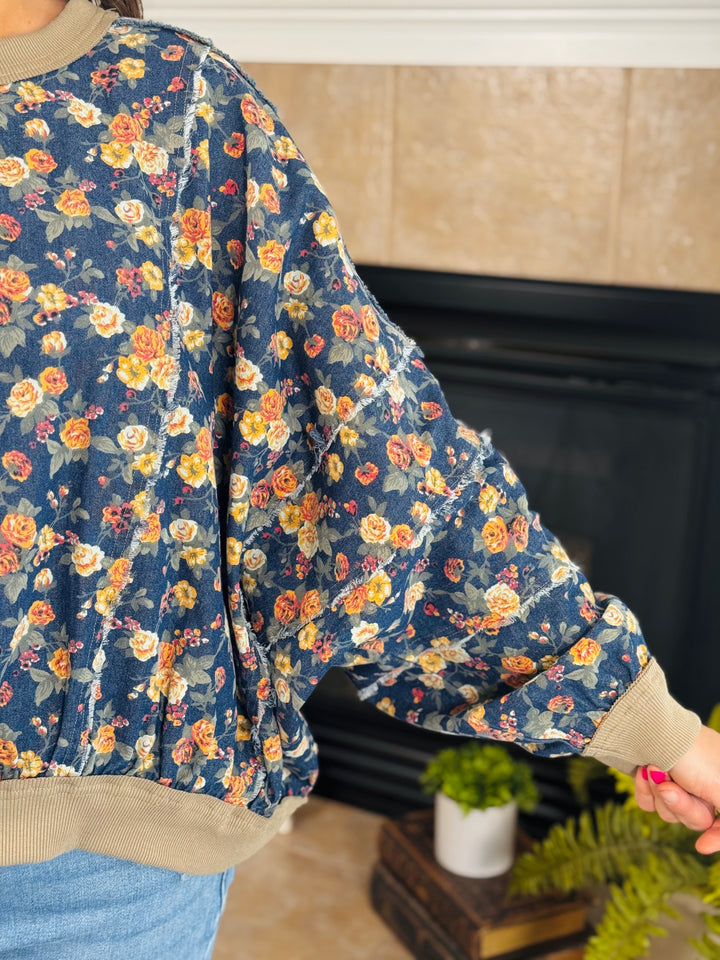 Washed Floral Denim Sweatshirt