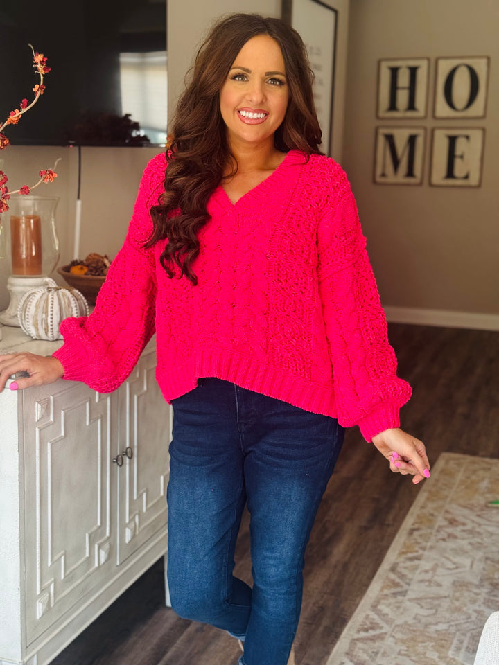 Fuchsia Chenille V-Neck Sweater