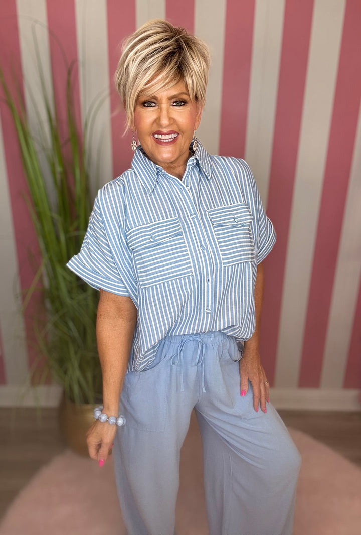 Striped Button Down-Blue/White