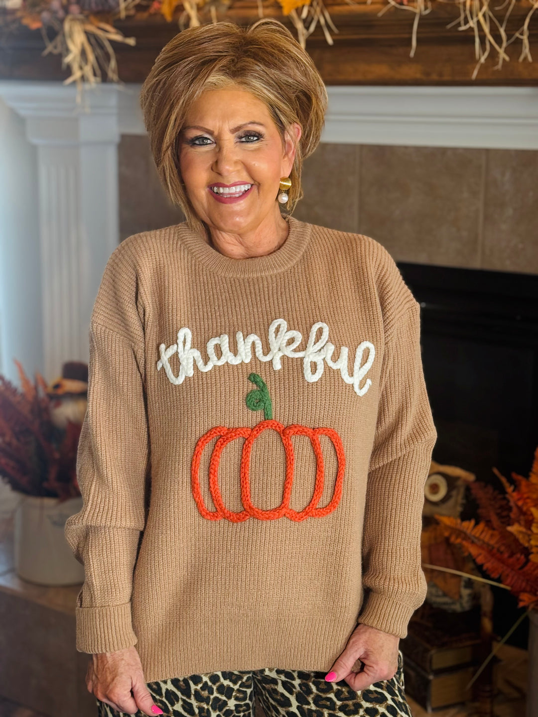 Dusty Brown Thankful Pumpkin 3D Embroidered Sweater