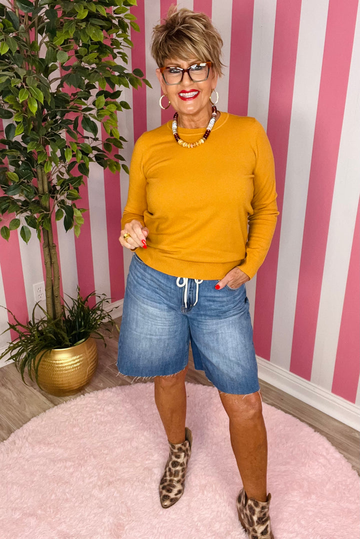 9 3/4" Drawstring Jean Shorts-Medium Wash
