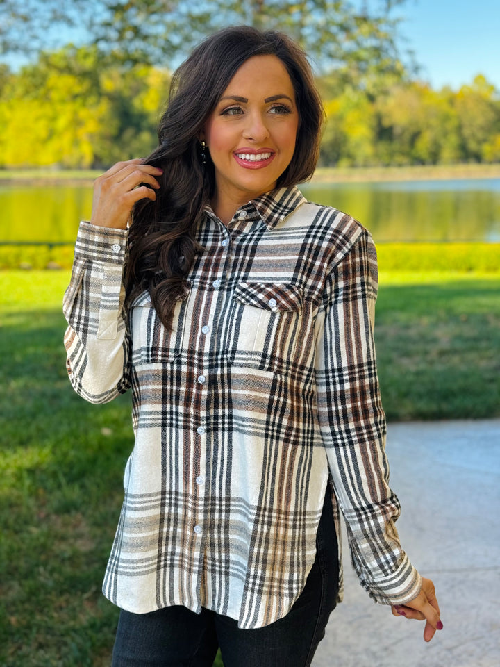 Cream, Brown, & Black Plaid Flannel