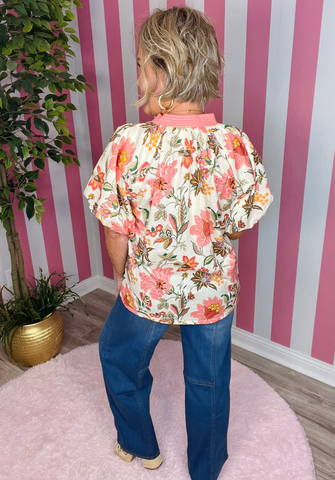 Floral Puff Sleeve Blouse-Salmon