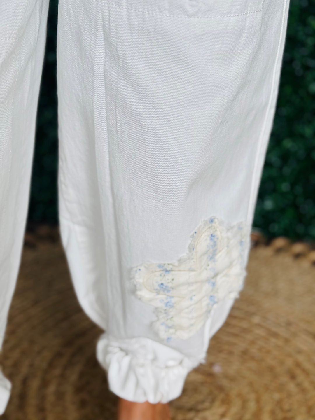 Denim Joggers W/ Floral Patches - 2 Color Options