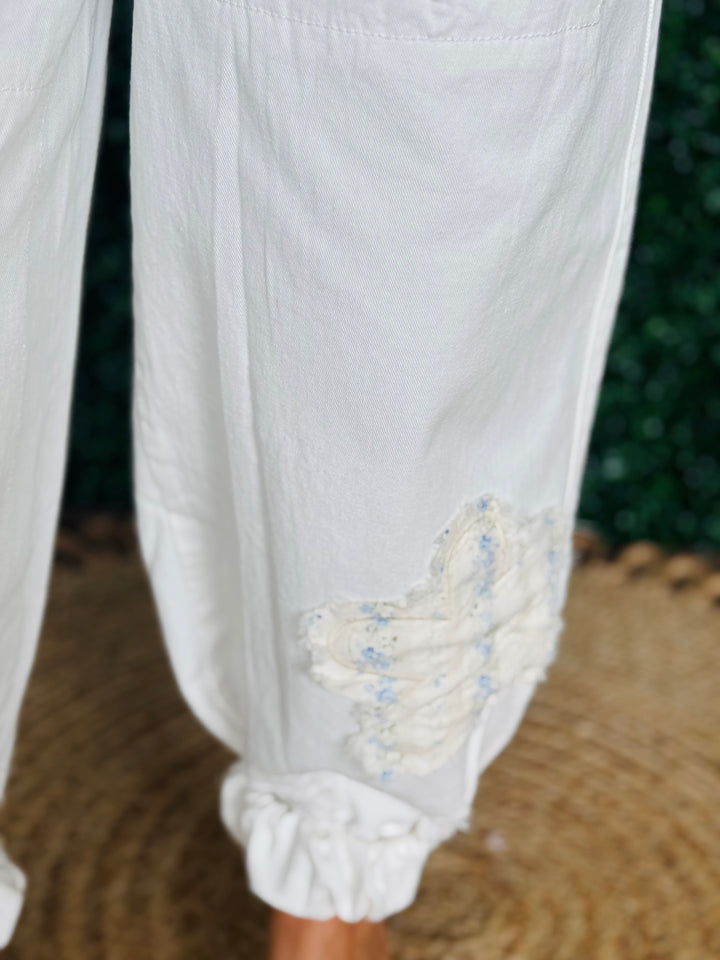 Denim Joggers W/ Floral Patches - 2 Color Options