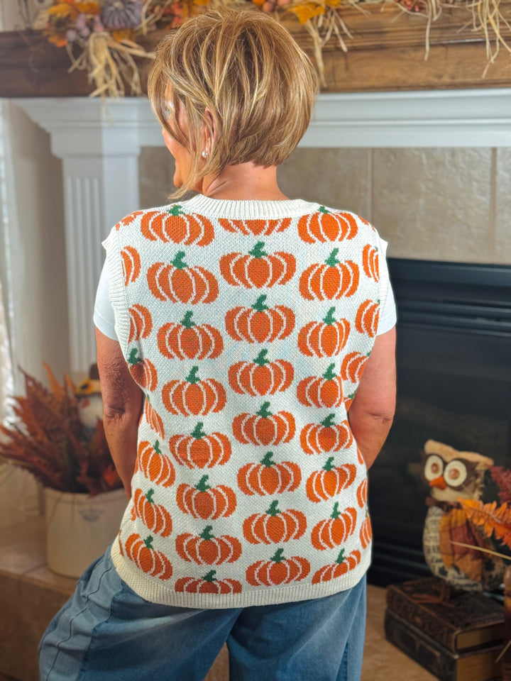 Ivory Pumpkin Print Sleeveless Sweater Knit Top