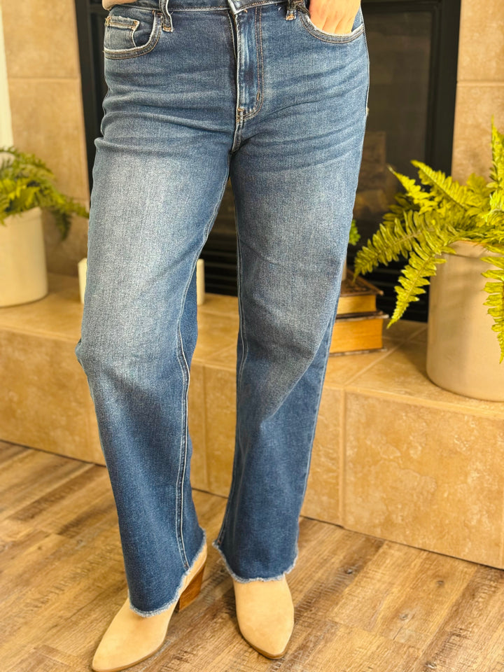 High Waist Straight Leg Dark Wash Denim Pants