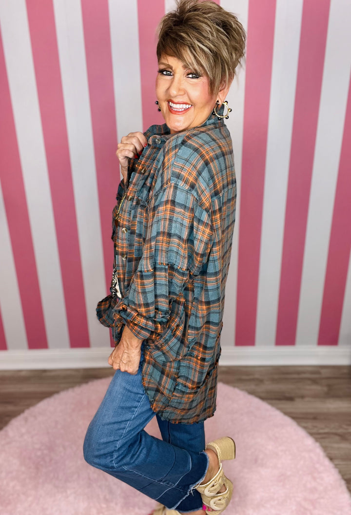Mineral Wash Plaid Shirt-Vintage Teal
