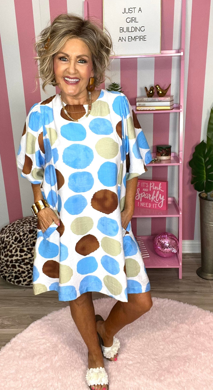Abstract Dot Bubble Sleeve Tunic Dress- Blue