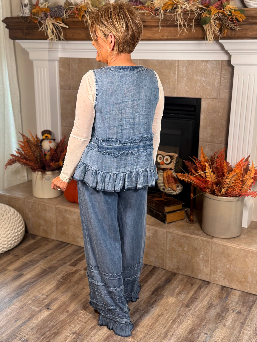 Chambray Palazzo Pants w/Ruffles