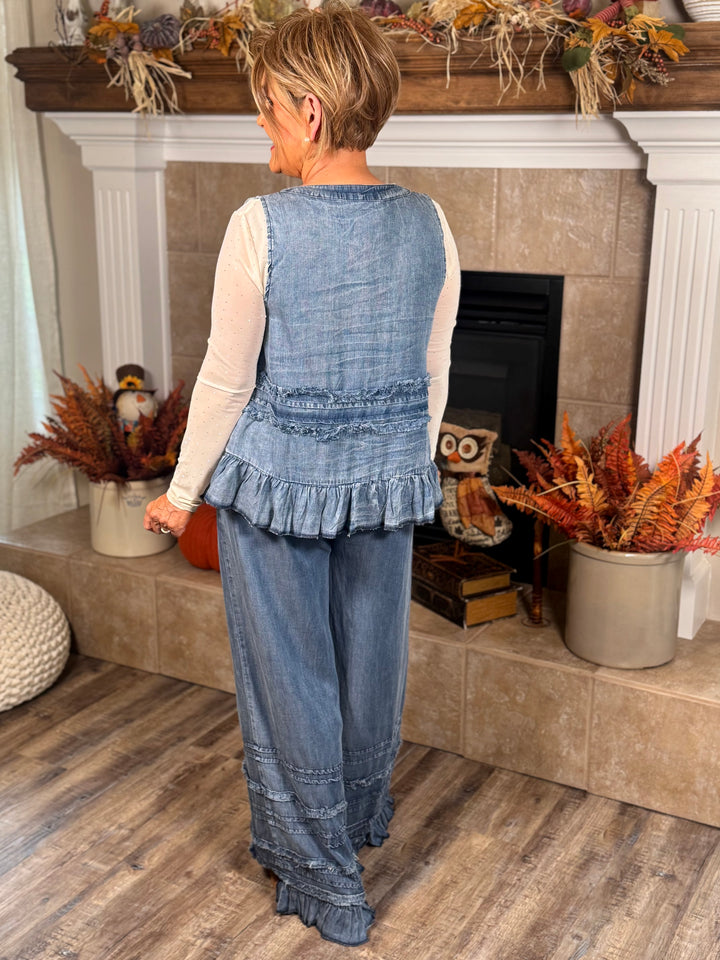 Chambray Palazzo Pants w/Ruffles