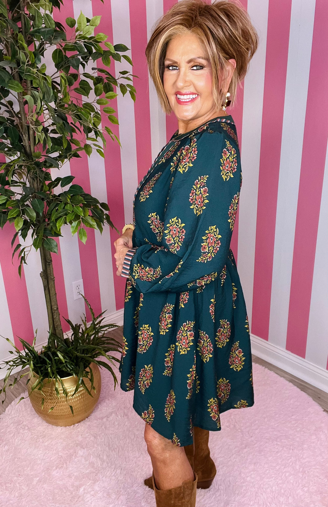 Floral Dress with Striped Detail-Hunter Green