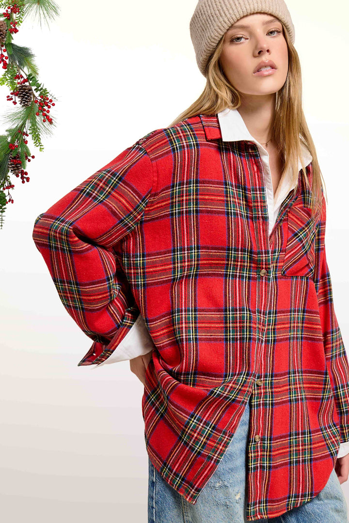 SRT7807-Soft Fabric Plaid Loose Fit Button Down Shirt