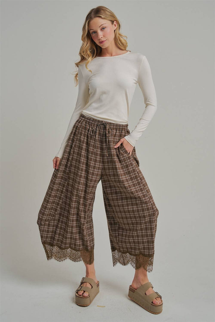 FLOWY FALL CHECK PLAID WIDE BALLOON LEG PANTS-Brown Check-Arrives first of October