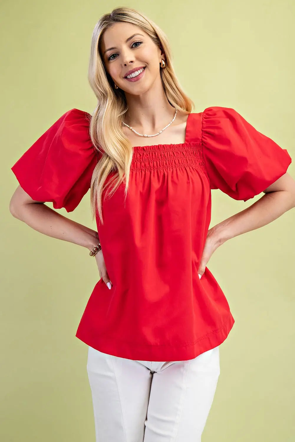 Smocked Puff Sleeve Top-Red