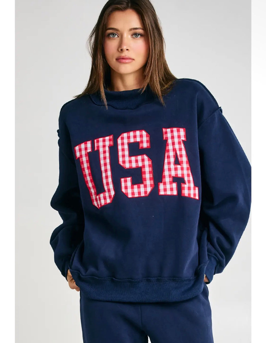 Navy Mock Neck with Red Gingham USA