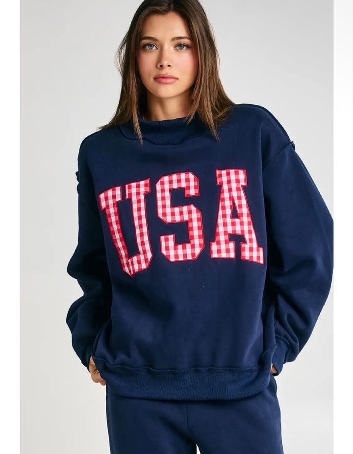 Navy Mock Neck with Red Gingham USA