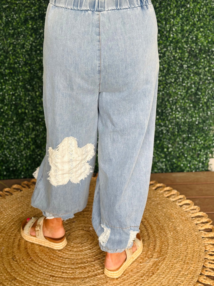 Denim Joggers W/ Floral Patches - 2 Color Options
