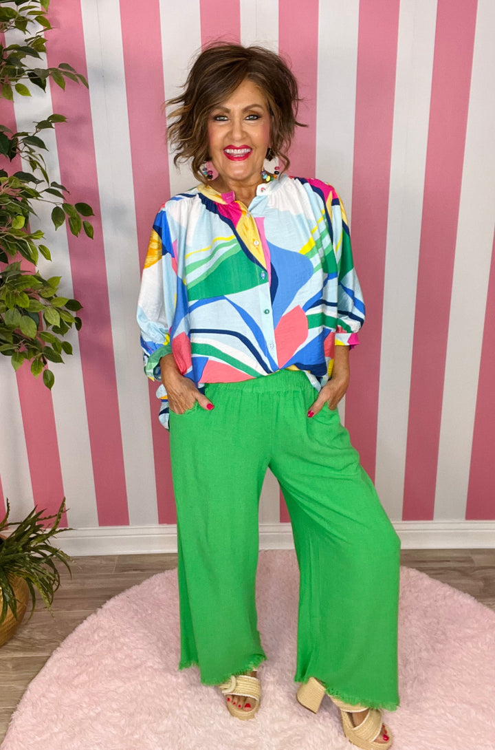 Frayed Hem Wide Leg Pants-Island Green