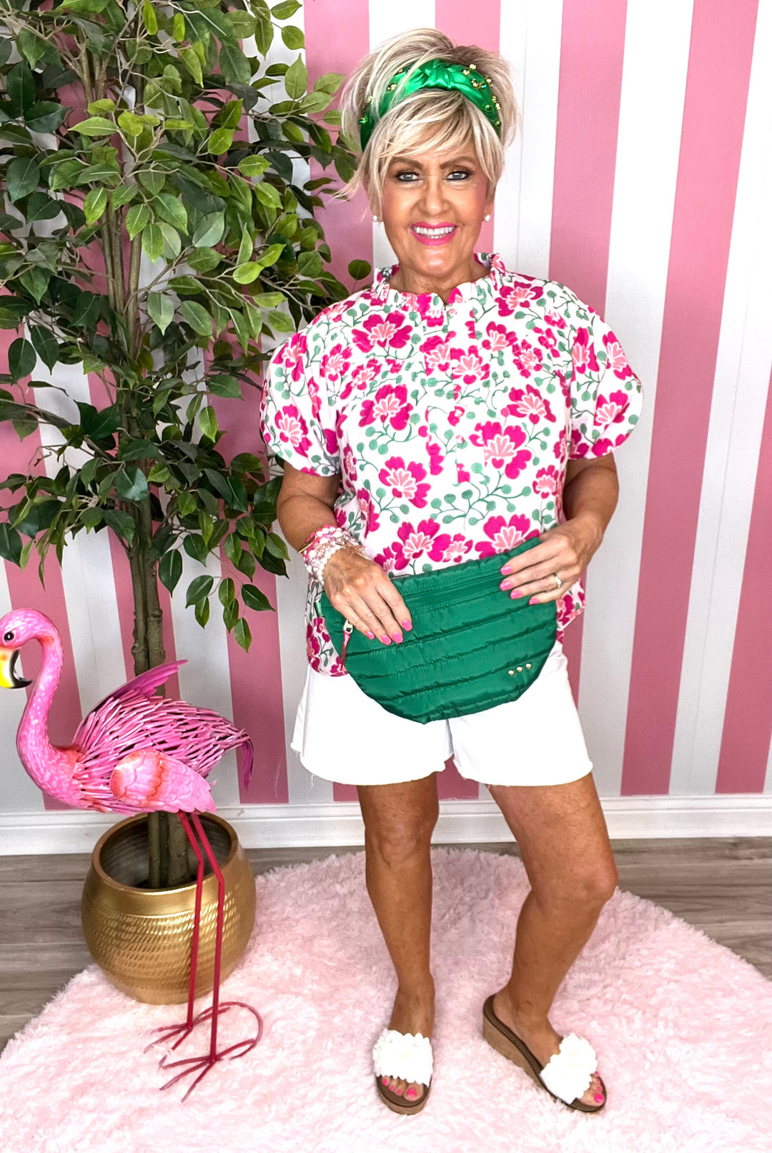 Floral Puff Sleeve Top-Fuchsia/Green