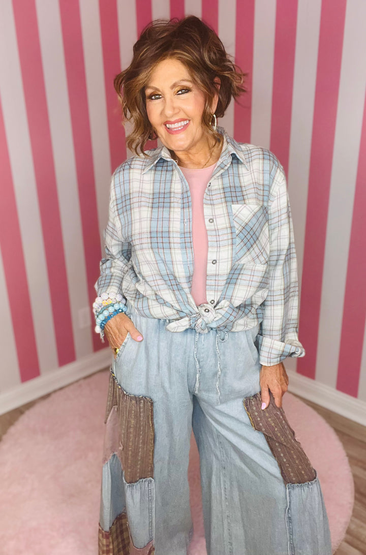SRT1337-Soft Fabric Plaid Loose Fit Button Down Shirt