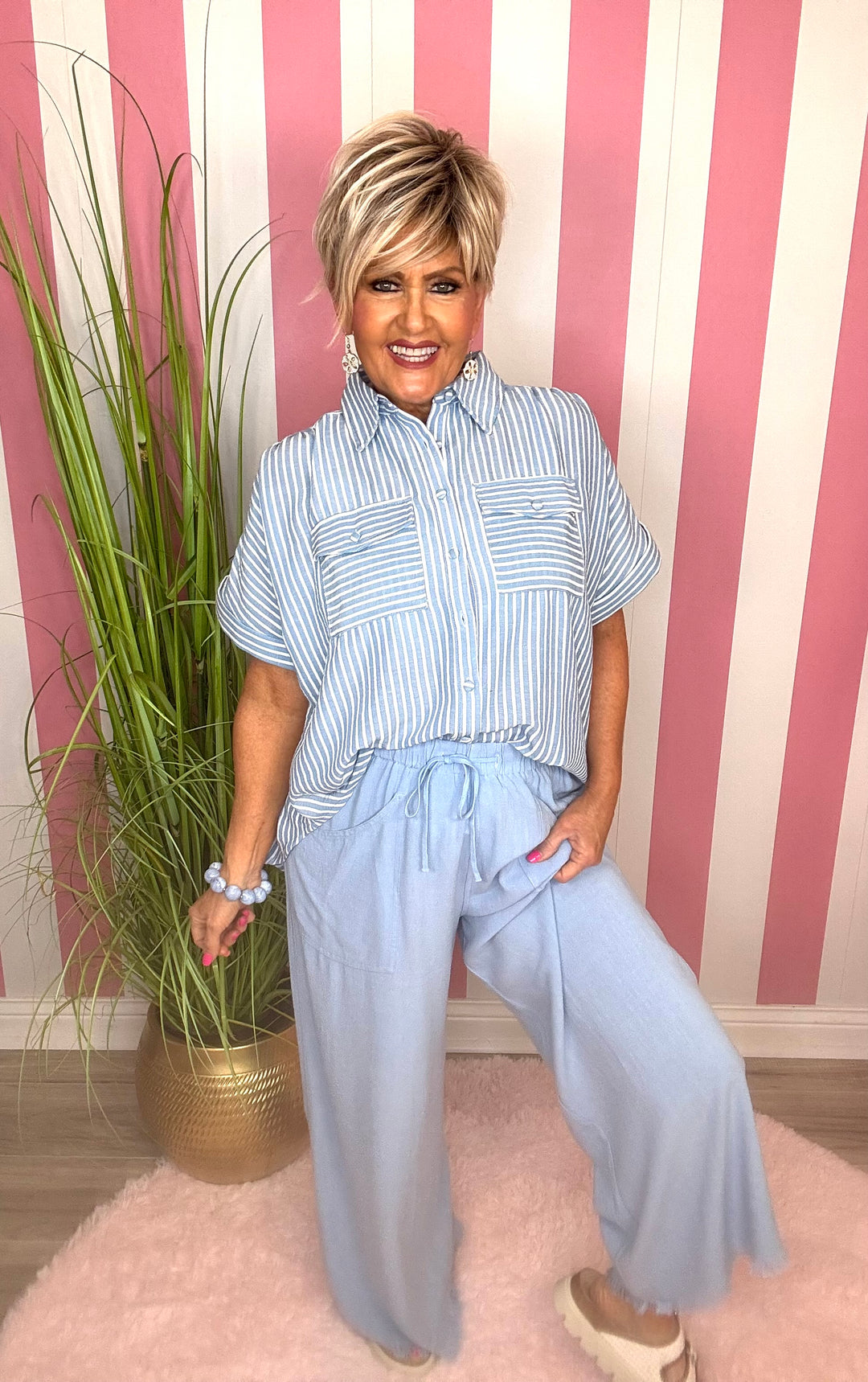 Frayed Wide Leg Pants-Light Blue