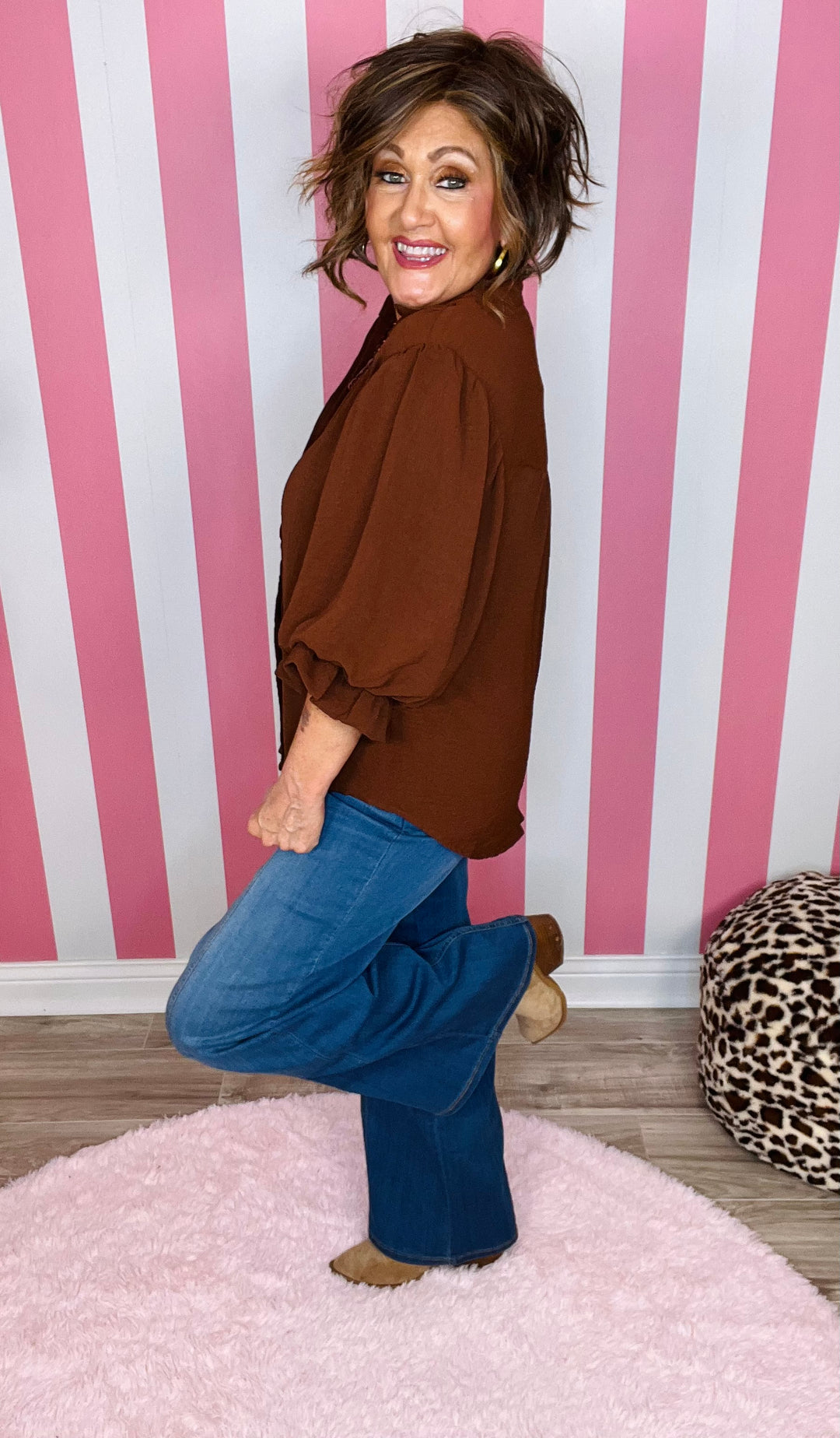 Balloon Sleeve Blouse-Brown