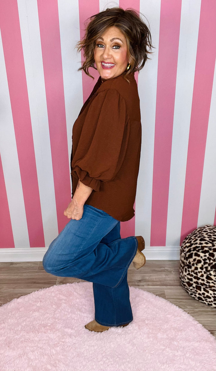 Balloon Sleeve Blouse-Brown
