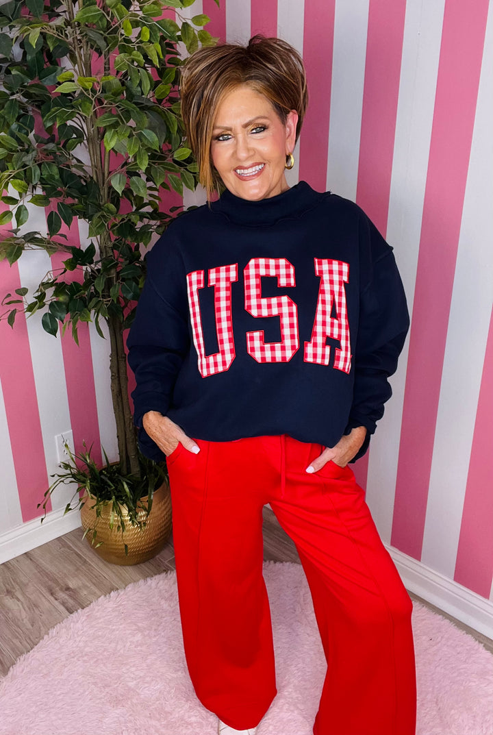 Navy Mock Neck with Red Gingham USA