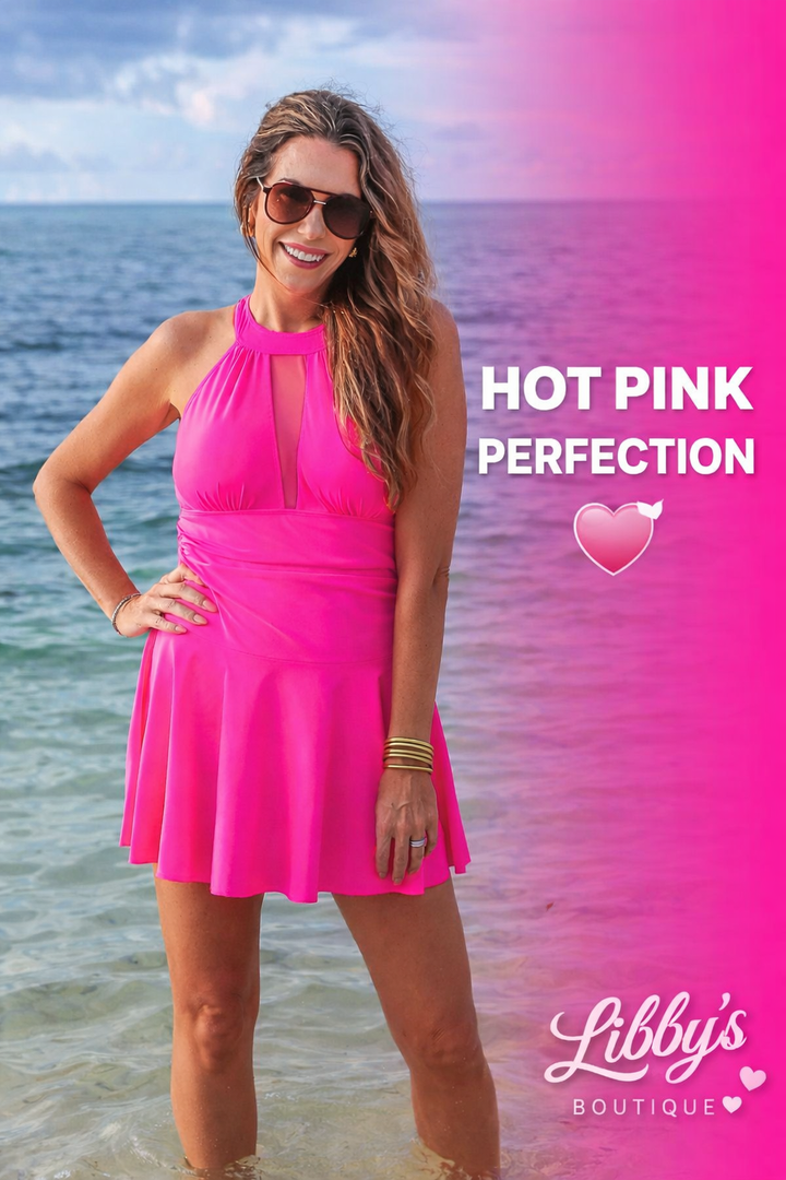 Chasing Sunshine Skirted Swimsuit-Neon Hot Pink