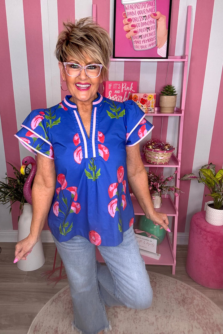Blossom Meadow Print Top-Blue