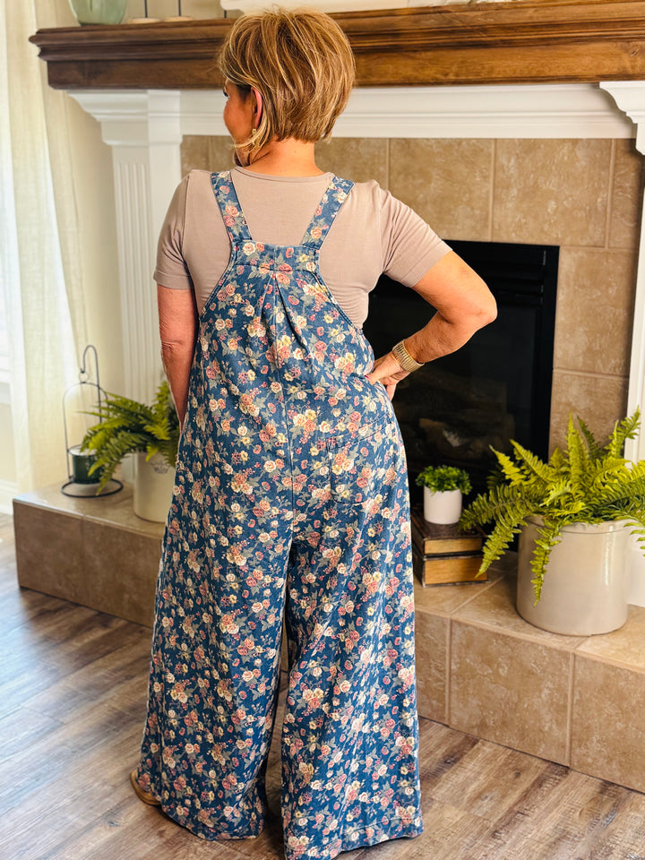 Washed Floral Print Denim Overall w/ Pleats
