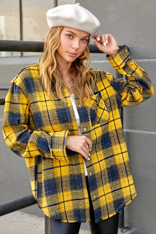 Soft Fabric Plaid Mineral Washed Button Down Shirt-3 Color Options