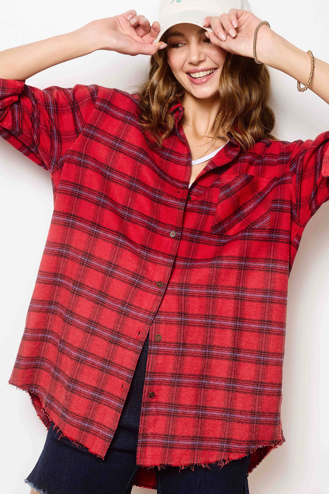 Red Button Down Two-Tone Washed Plaid Shirts