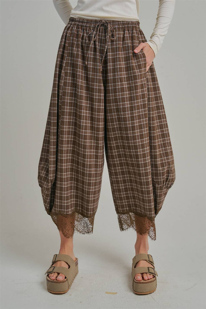 FLOWY FALL CHECK PLAID WIDE BALLOON LEG PANTS-Brown Check-Arrives first of October