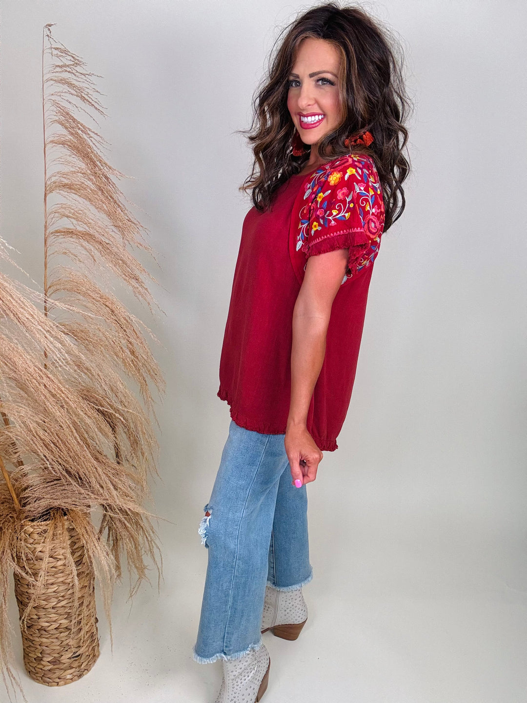 Embroidery Round Neck Short Sleeve Linen Top with Frayed Ruffle Trim - 2 Color Options - Small Through Extended Sizes - Final Sale