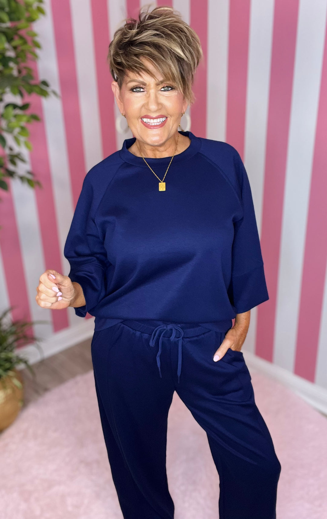 3/4 Sleeve Raglan Top and Pants-Navy