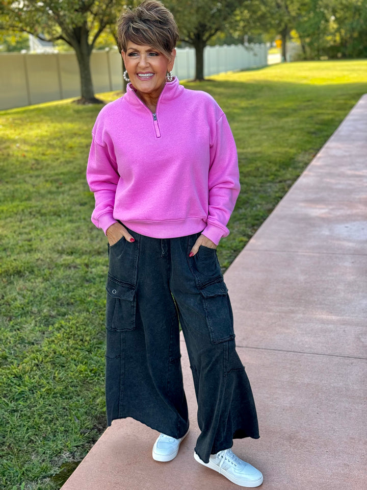 Mineral Washed Wide Leg Terry Knit Cargo Pants - 4 Color Options - Available Small Through Extended Sizes - Final Sale