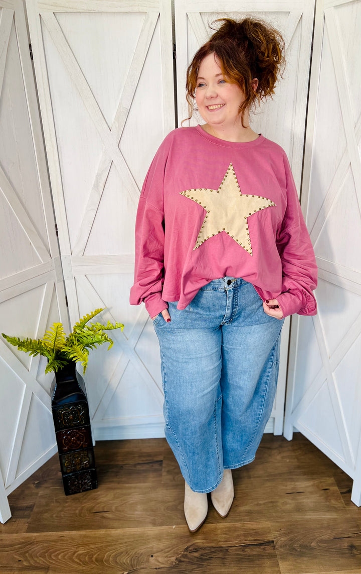 Dusty Pink Suede Star Patch Cotton Jersey Top