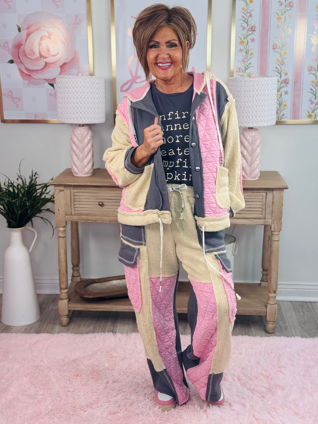 Candy Pink & Grey Relax Quilted Pants