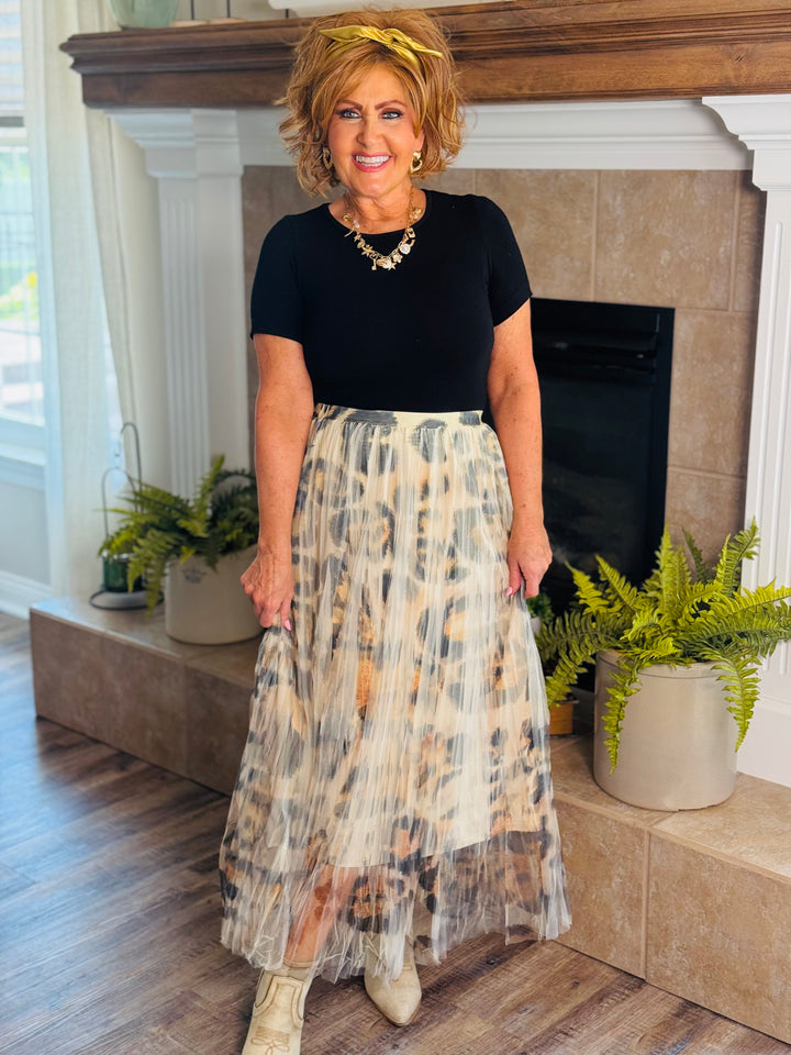 Animal Print Lined Pleated Tulle Midi Skirt w/ Elastic Waist