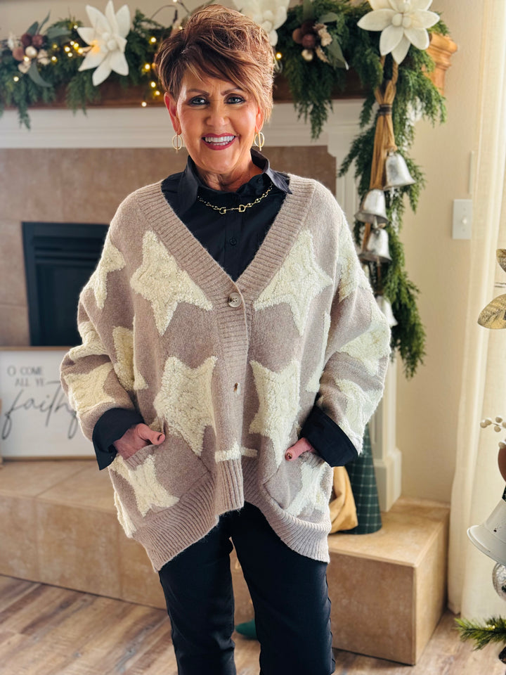 Taupe Oversized Star Pullover Sweater Cardigan