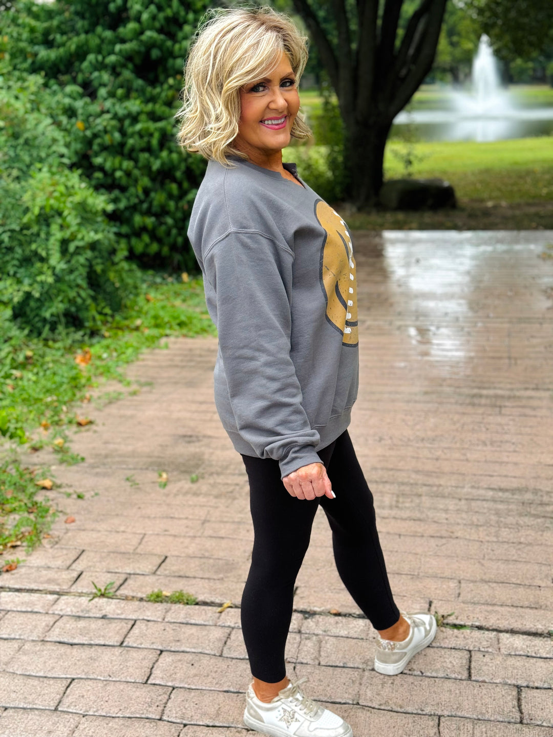 Charcoal Retro Football Smiley Split Neck Sweatshirt - Medium Through Extended Sizes