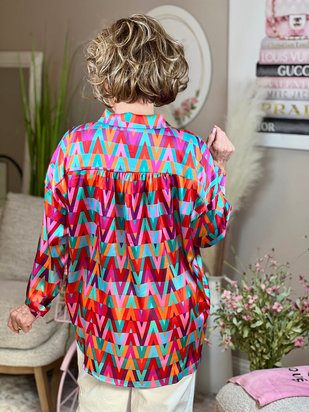 Multi Print Blouse w/ Collared Neckline - Available S-Extended Sizes